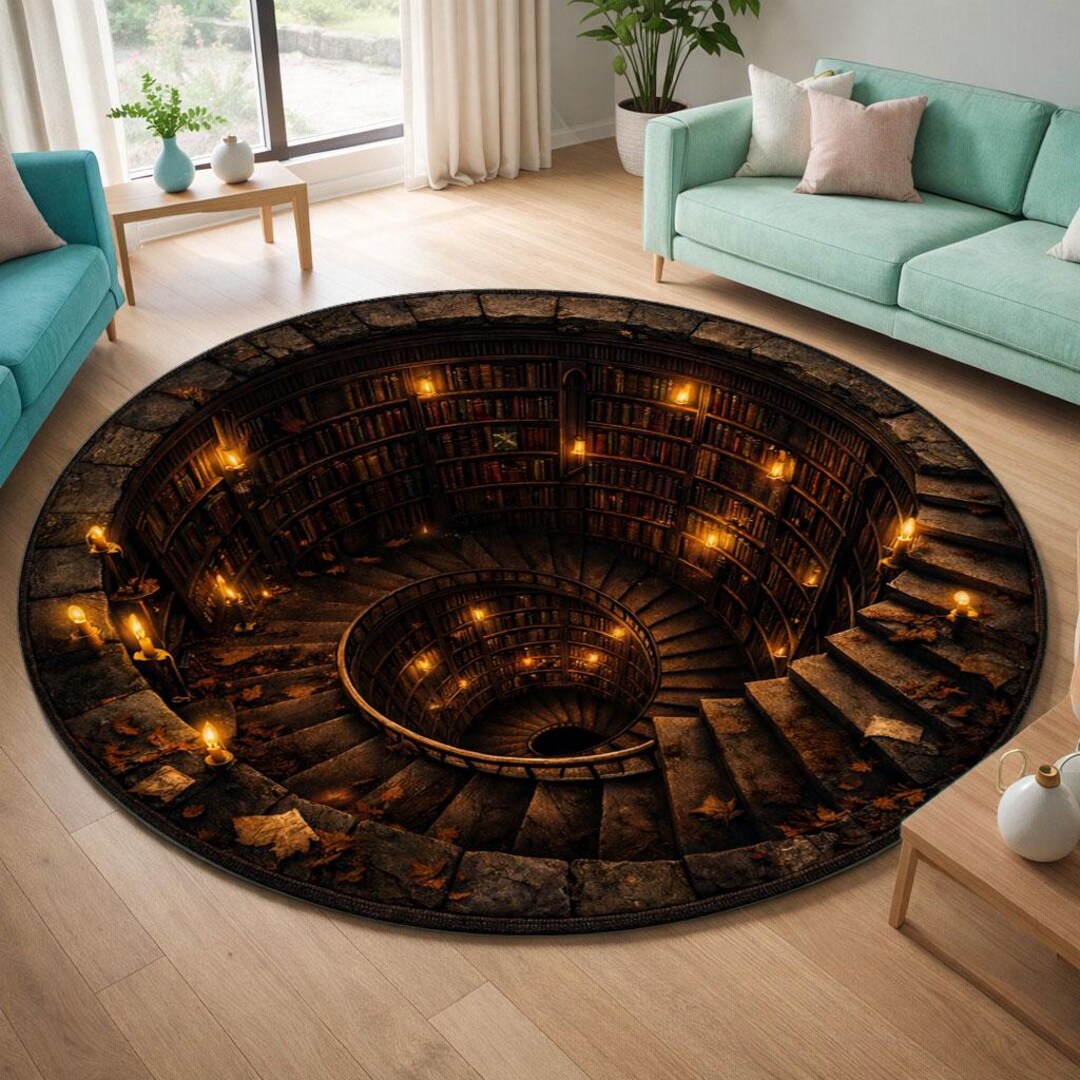 3D Spiral Library Rug, Round Bookshelf Optical Illusion Carpet Decor - Etsy