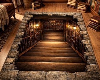 3D Library Stairs Rug, Dark Academia Gothic Decor, Bookshelf Optical Illusion Rugs