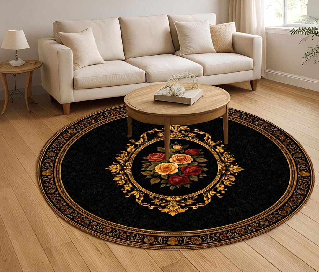 Round Gothic Rug Gothic Baroque Area Round Rug With Gold Frame and Red Roses Decor - Etsy