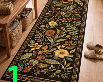 William Morris Style Läufer, Botanischer Vintage Flur Teppich Schwarz Floral