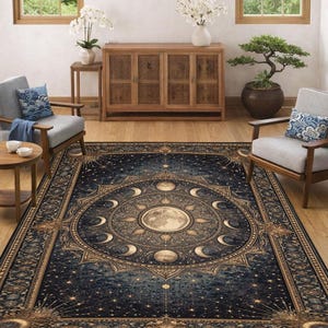 May include: A large, rectangular area rug with a celestial design. The rug features a dark blue background with a central circular pattern depicting the moon and phases, surrounded by stars and crescent moons. The border is a warm gold color.