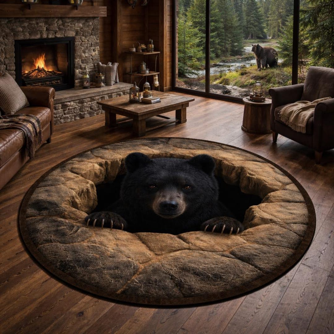 3D Black Bear Round Rug, Wild Animal Optical Illusion Carpet - Etsy