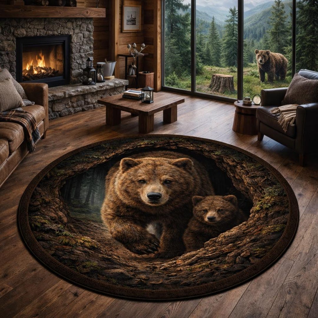 3D Bear Round Rug, Wildlife Forest Cabin Rustic Lodge Decor Carpet - Etsy