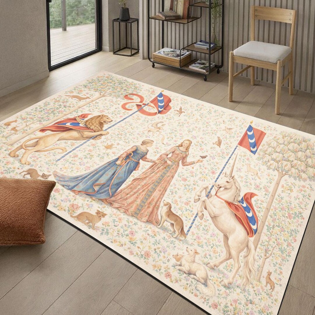 Pastel Medieval Unicorn Tapestry Rug Cottagecore Floral Vintage Area ...