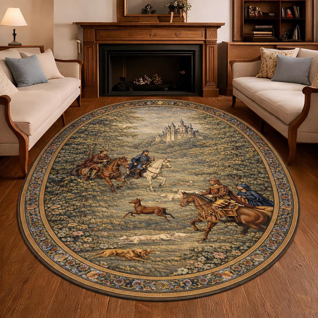 Medieval Hunting Scene Round Rug, Castle Landscape Tapestry Style ...