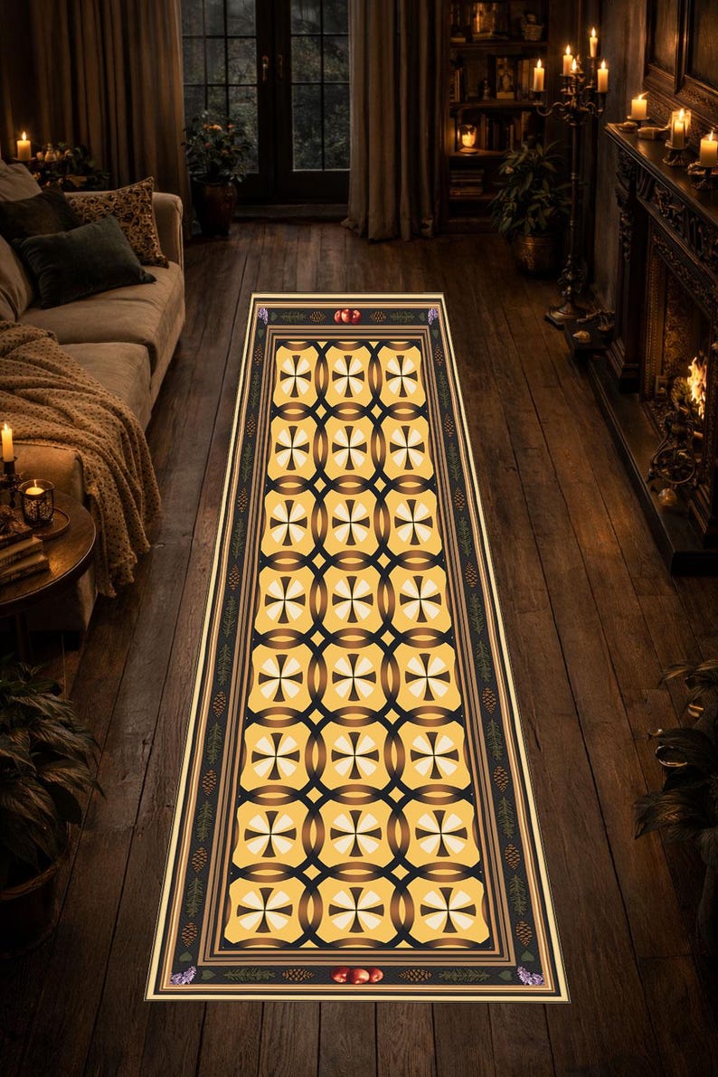 Vintage Geometric Runner Rug, Gold Brown Carpet, Botanical Lodge Decor ...