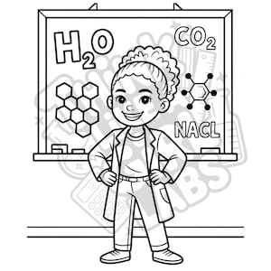 May include: Black and white illustration of a smiling person in a lab coat, standing in front of a chalkboard. The chalkboard displays chemical formulas: H2O, CO2, NaCl, and a hexagonal structure. The person is wearing pants and shoes.