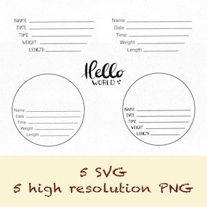 Pacote de Estatísticas de Nascimento em SVG e PNG, PNG de Bebê, SVG de Anúncio de Bebê, SVG de Marcos do Nascimento, SVG para Artesanato de Bebê, Arquivo de Corte para Bebê, Olá Mundo, 132