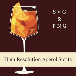 May include: Illustration of an Aperol Spritz cocktail in a stemmed glass, garnished with an orange slice. The drink is a vibrant orange color, filled with ice cubes. Text reads "SVG & PNG" and "High Resolution Aperol Spritz" on a dark brown background.
