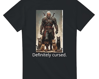 Retro Fantasy Cat Shirt – “Definitely Cursed” Funny Monster Hunter Vintage Pulp Tee