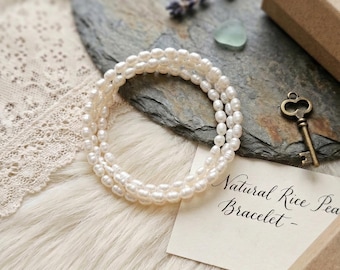 Triple Strand Natutal White Freshwater Pearl Memory Wire Bracelet