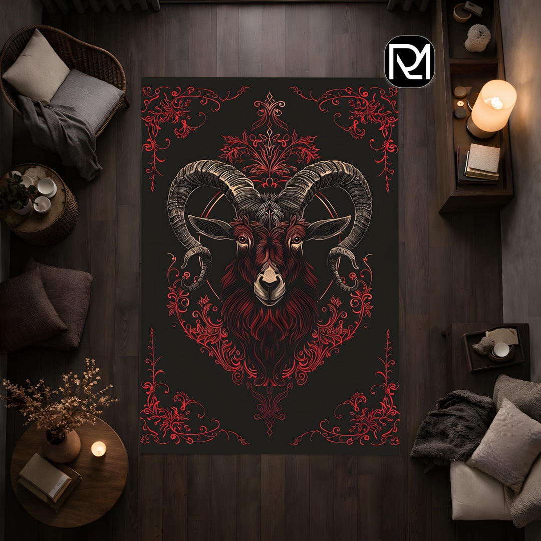 Ram Fur Rug Gothic Ram Animal Rug Dark Red Black Occult Wildlife Decor Horned Goat ...