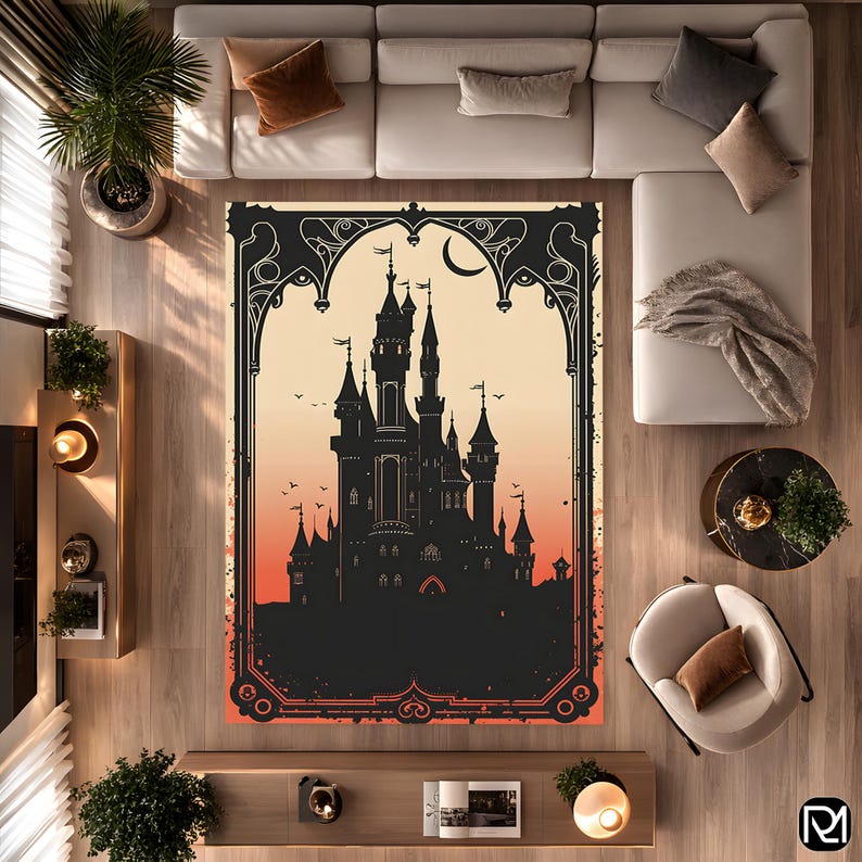 Knight Castle Rug Gothic Castle Rug Dark Fantasy Silhouette Moonlit Sky Vintage Frame ...