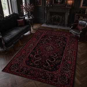 Black Burgundy Snake Area Rug, Gothic Room Decor