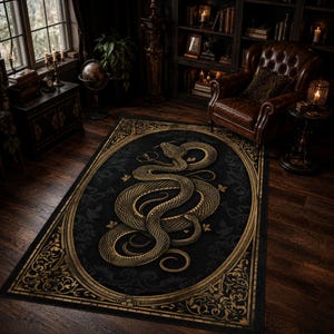 May include: A rectangular area rug featuring a central gold-toned coiled snake illustration enclosed within an ornate oval frame. The rug has a black background with intricate gold filigree patterns along the borders and corners of the design.
