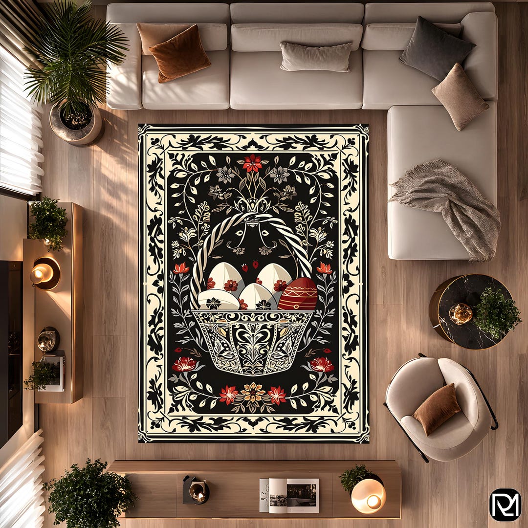 Vintage Design Easter Basket Area Rug Black Floral Farmhouse Spring ...