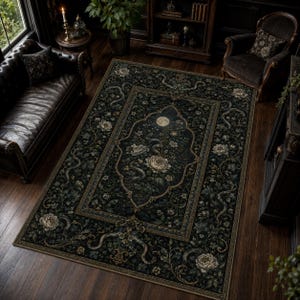 Dark Green Snake Floral Area Rug, Witchy Decor