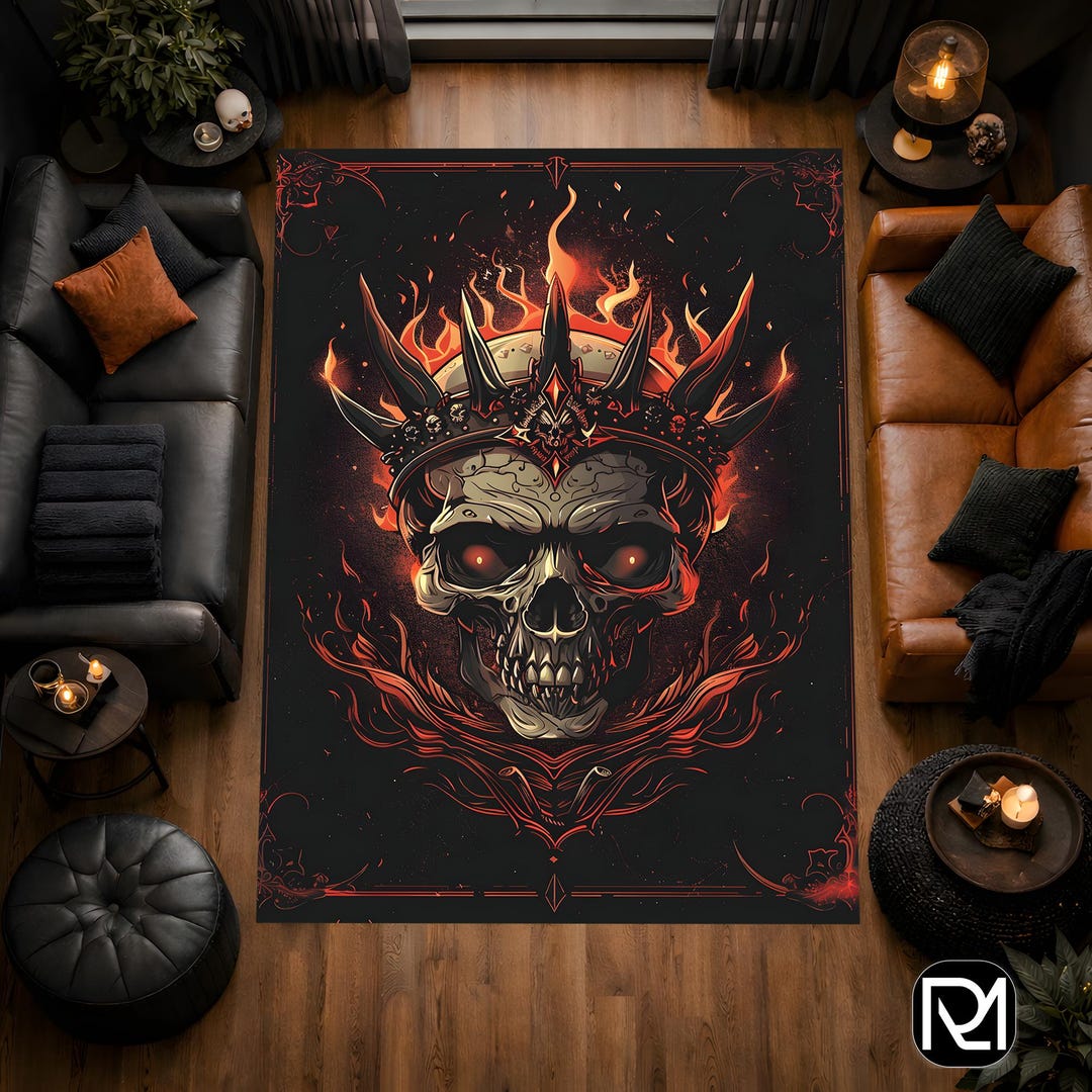 Flaming Skull Crown Gothic Rug Dark Fantasy Area Rug Gothic Room Decor ...