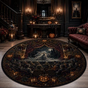 May include: A large round area rug featuring a detailed gothic scene of a ghostly figure performing on a stage before an orchestra of skeletons, surrounded by ornate dark borders, carved pumpkins, and deep red floral accents in a dark room.