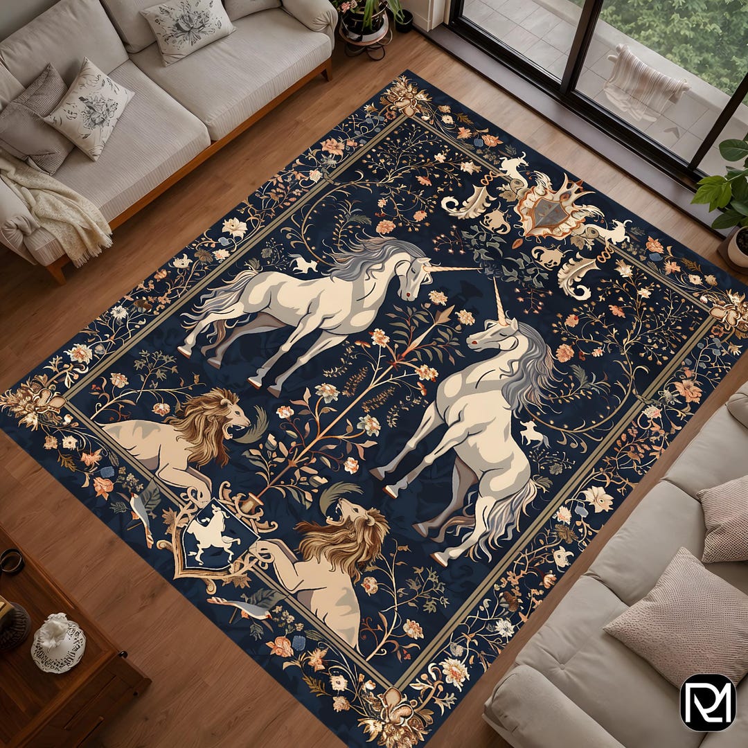 Mythical Horse Floral Area Rug Navy Blue Fantasy Equine Art Decorative ...