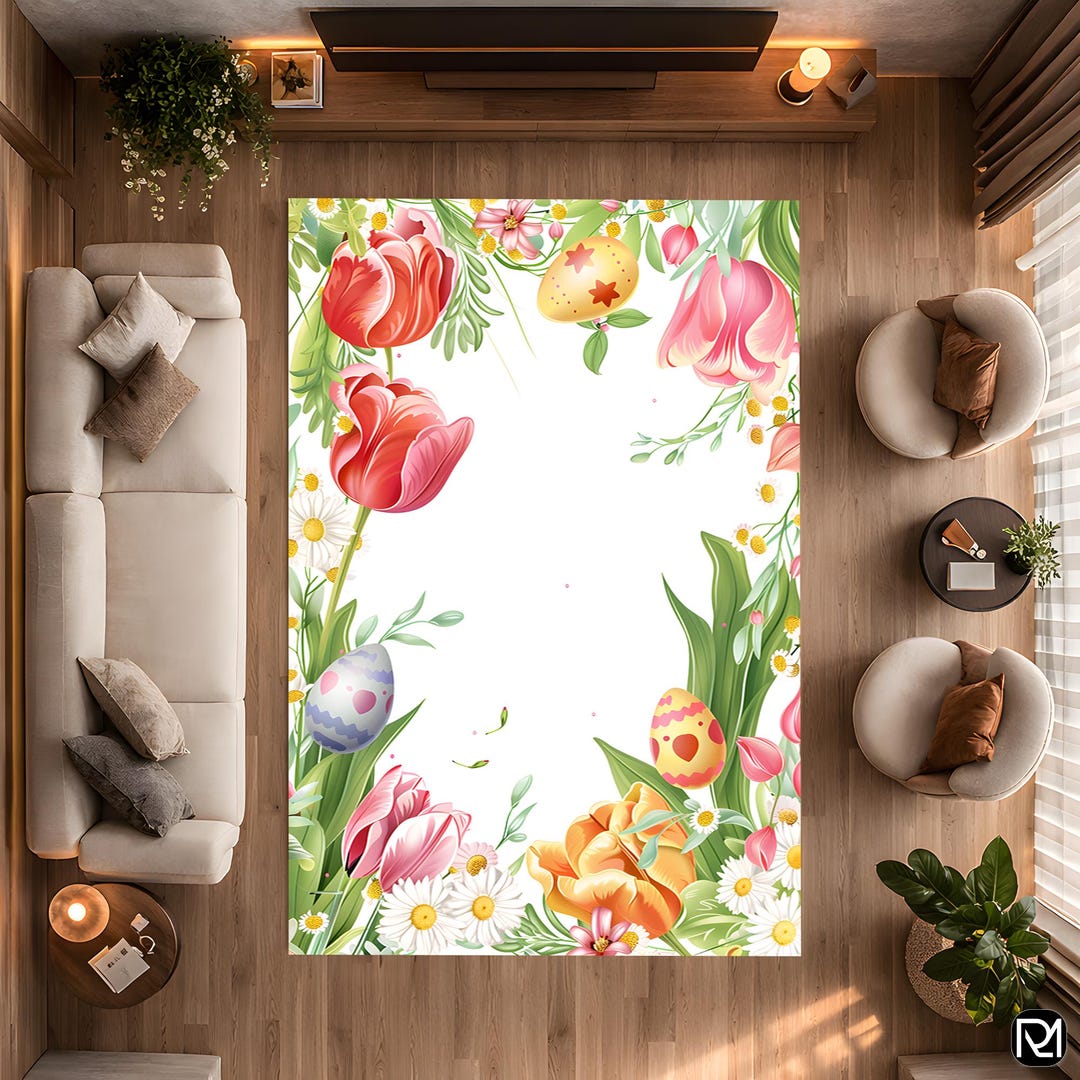 Round Easter Rug Easter Floral Bunny Egg Rug Tulip Daisy Spring Home Style - Etsy