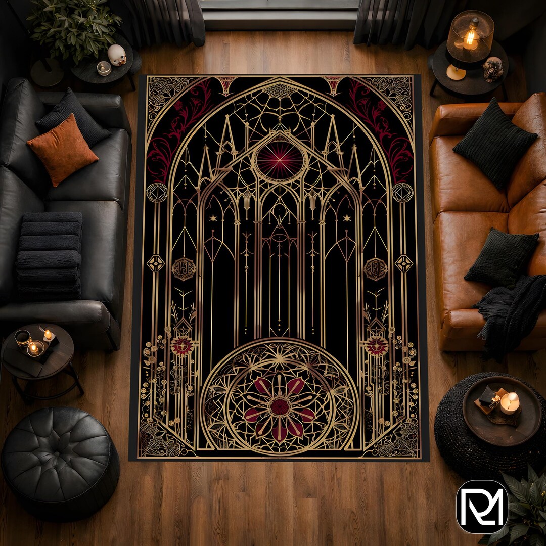 Cathedral Rug Black Gothic Cathedral Arch Rug Gold Line Art Red Rose Window Medieval ...