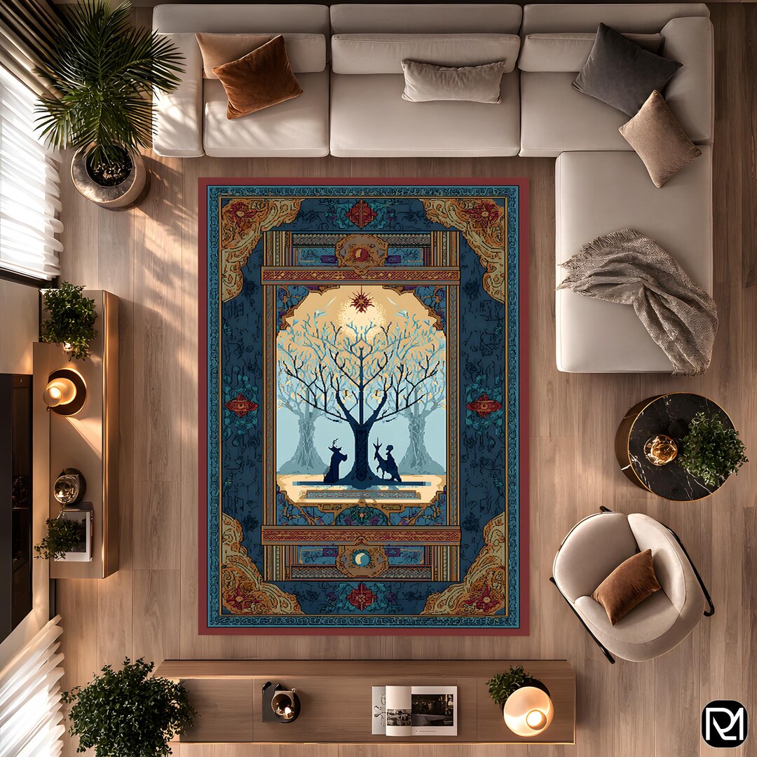 Vintage Design Storybook Forest Rug Blue Red Deer Tree Artistic Area ...