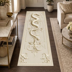 Abstract Snake Relief Beige Ornamental Minimalist Luxury Runner Rug, Home Decor
