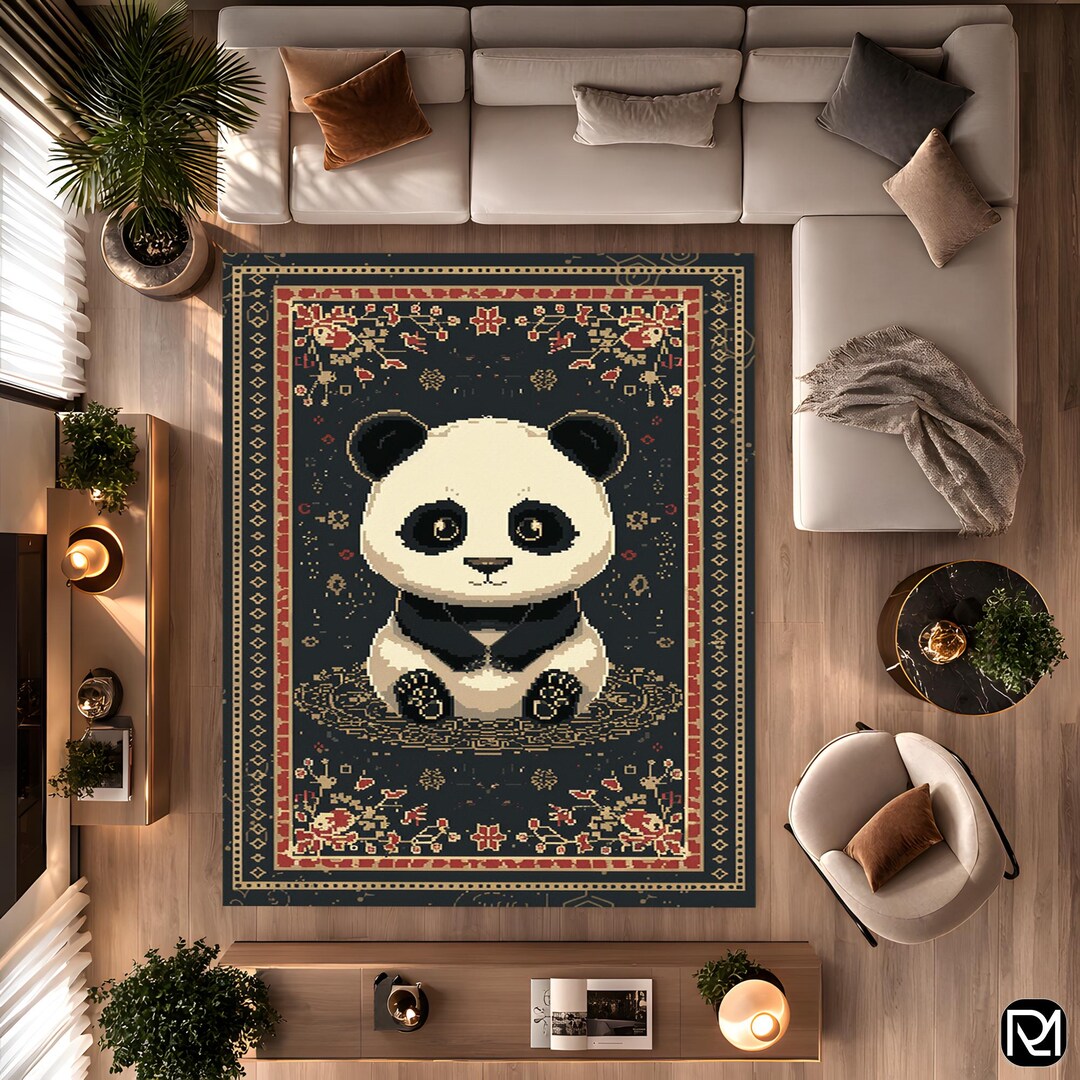 Pixel Panda Area Rug Cute Animal Vintage Style Decorative Kids Room Rug ...