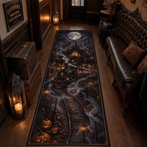 May include: A rectangular runner rug featuring a dark, atmospheric scene of a steam train with a skull on the front, traveling through a graveyard at night under a full moon, surrounded by glowing jack-o'-lanterns, iron fences, and fog.