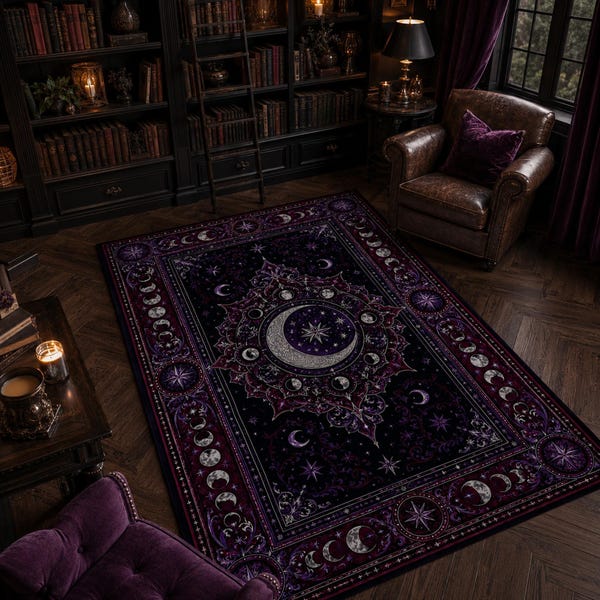 Celestial Moon Rug, Gothic Purple Carpet, Witchy Room Decor, Bedroom Decor