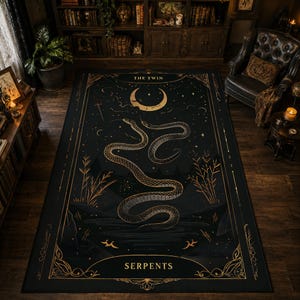 Vloerkleed met slangen- en tarotkaartmotief, heksenachtige decoratie