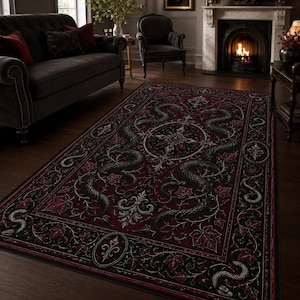 Burgundy Black Gothic Snake Area Rug, Witchy Decor