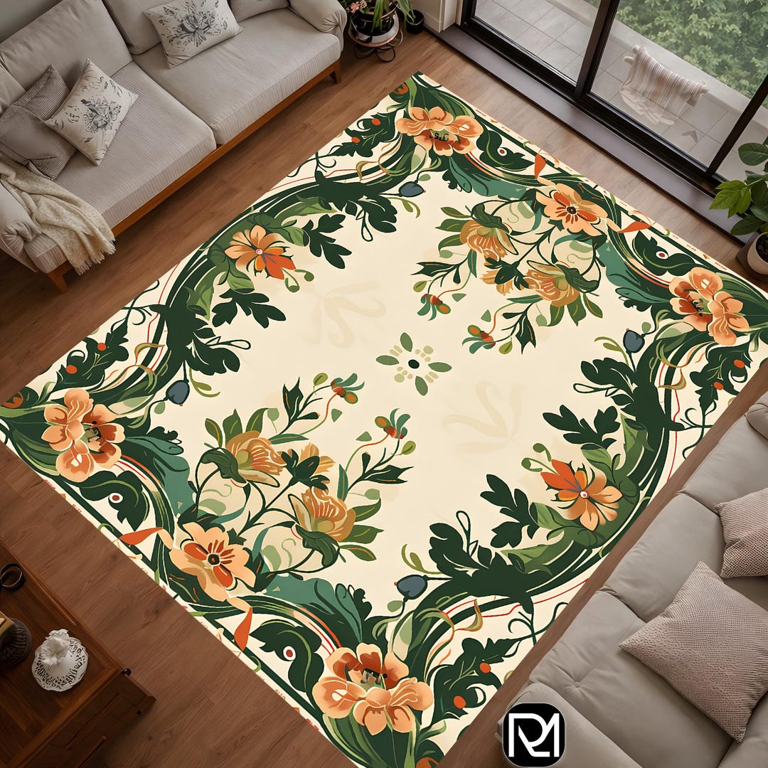 Vintage Design Floral Botanical Rug Persian Design Garden Pattern Cream ...