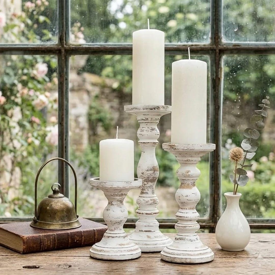 Home Decor Set of 3 Distressed Wooden Pillar Candle Holders, Table ...