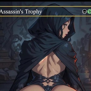 May include: Illustration of a figure in a black hooded cloak, with the text "Assassin's Trophy" at the top. The figure is in a dark setting with a lit candle.