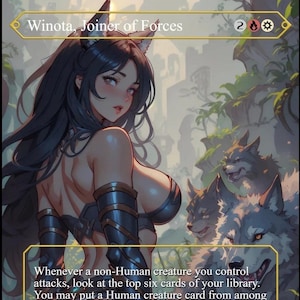 Op de afbeelding: Een fantasy art kaart met een vrouw met wolvenoren en donker haar, getiteld "Winota, Joiner of Forces". De kaart bevat speltekst en toont wolven in een bos. De vrouw draagt een harnas.