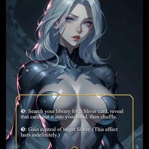 Puede incluir: Una carta de arte de fantasía titulada "Sliver Overlord" que presenta a un personaje femenino con cabello plateado y ojos azules. La carta incluye texto que describe habilidades y estadísticas, con una clasificación de poder/resistencia de 7/7. La carta es una Criatura Legendaria - Mutante Plateado.