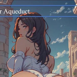 May include: Anime-style illustration featuring a woman with dark hair, wearing a white outfit, and looking over her shoulder. The text "Dimir Aqueduct" is displayed in a blue banner. The background shows classical architecture and a blue sky.