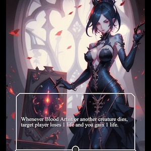 Może przedstawiać: Ilustracja niestandardowej karty przedstawiająca ciemnowłosą postać wampira w czarnej sukni. Karta oznaczona jako "Blood Artist" z tekstem opisującym jej efekt. Grafika ma gotycki motyw ze szczegółowym tłem i tekstem "Creature - Vampire".
