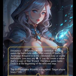 May include: A custom card featuring Inalla, Archmage Ritualist, a Legendary Creature - Human Wizard. The artwork depicts a woman with blue eyes and silver hair, wearing a blue hooded outfit. The card includes game text and a 4/5 power/toughness.