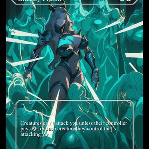 May include: A fantasy art card titled "Ghostly Prison" featuring a female figure in dark armor, surrounded by ethereal figures. The card text reads "Creatures can't attack you unless their controller pays 2 for each creature they control that's attacking you."