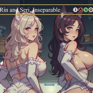 Può includere: Illustrazione in stile anime con due personaggi femminili, una con i capelli bianchi e l'altra con i capelli scuri. Entrambe indossano abiti bianchi con fasce per la testa a orecchie di gatto. Il testo "Rin and Seri, Inseparable" è visualizzato in alto.