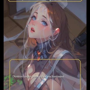 Könnte beinhalten: Eine Fantasy-Art-Karte mit dem Titel "Mortify" mit einer Frau mit blauen Augen und zweifarbigem Haar. Die Karte hat einen goldenen Rand und den Text "Zerstöre Kreatur oder Verzauberung deiner Wahl". Die Karte ist mit "Instant" beschriftet.