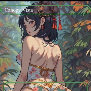 May include: An anime-style illustration of a person in a floral swimsuit, set against a backdrop of lush green foliage. The image features the text "Canopy Vista" in a green frame, with the person's dark hair styled with ornate accessories.