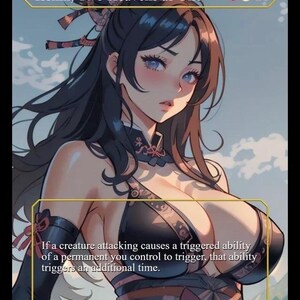 May include: A digital art card featuring a female character with long dark hair and blue eyes. The card is labeled "Isshin, Two Heavens as One" and includes game text. The character is wearing a black outfit with decorative elements.