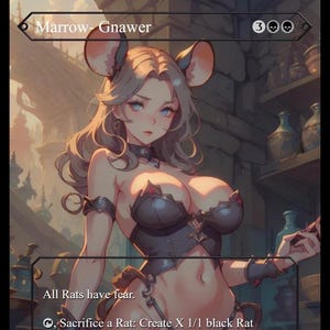 Könnte beinhalten: Eine Fantasy-Art-Karte mit einer Frau mit Rattenohren und einem schwarzen Outfit. Die Karte trägt den Titel "Marrow-Gnawer" und enthält den Text "All Rats have fear." und Spielanweisungen. Der Hintergrund zeigt ein verschwommenes Interieur.