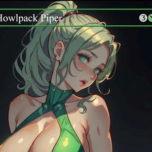 Könnte beinhalten: Anime-Illustration einer Frau mit grünen Haaren und Augen, die ein grünes Outfit trägt. Der Text "Howlpack Piper" steht oben, mit einem Manakostensymbol. Das Kunstwerk hat einen weichen, digitalen Malstil.