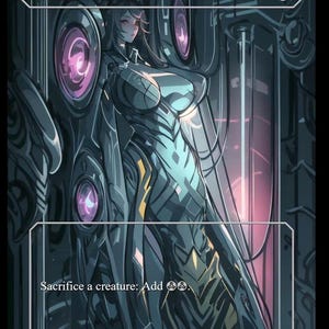 May include: A fantasy art card titled "Ashnod's Altar" featuring a stylized female figure in a futuristic gown. The artwork has a dark color palette with accents of purple and gold. The card text reads "Sacrifice a creature: Add". The card is labeled "Artifact".