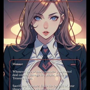 Peut inclure: Une carte à collectionner avec une illustration stylisée d'une femme aux yeux bleus et aux cheveux bruns. La carte est intitulée "Professional Face-Breaker" et contient du texte de jeu sur la création de jetons Trésor et l'exil de cartes. C'est une Créature - Humain Guerrier.